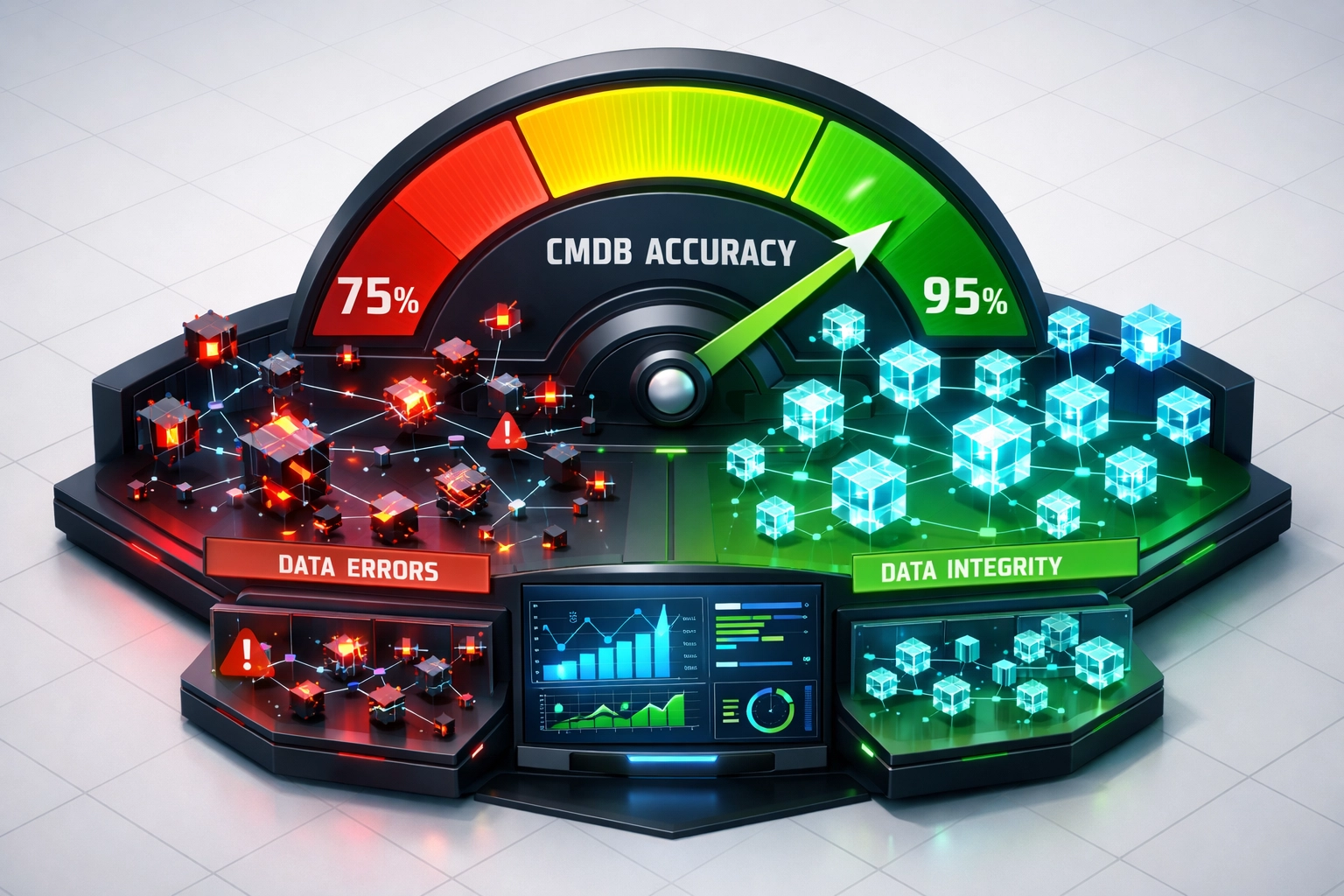 ServiceNow CMDB accuracy dashboard showing improvement from 75% to 95% data quality threshold