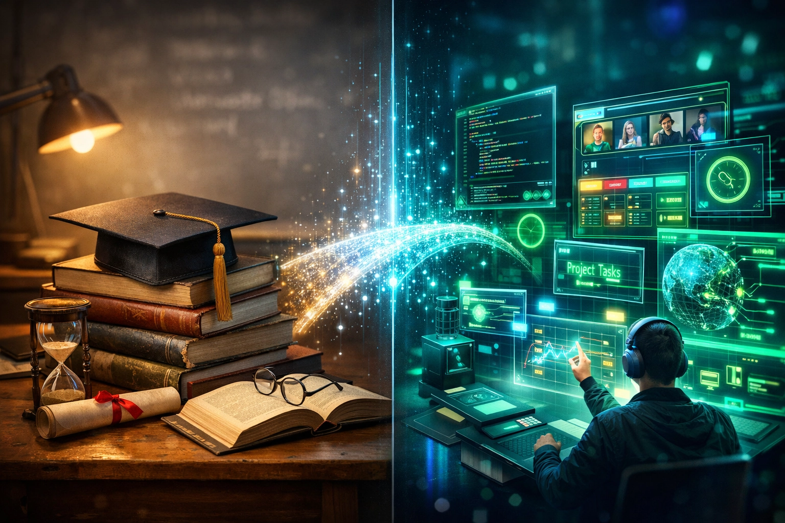 Academic degree versus modern workplace requiring AI automation skills and industry readiness