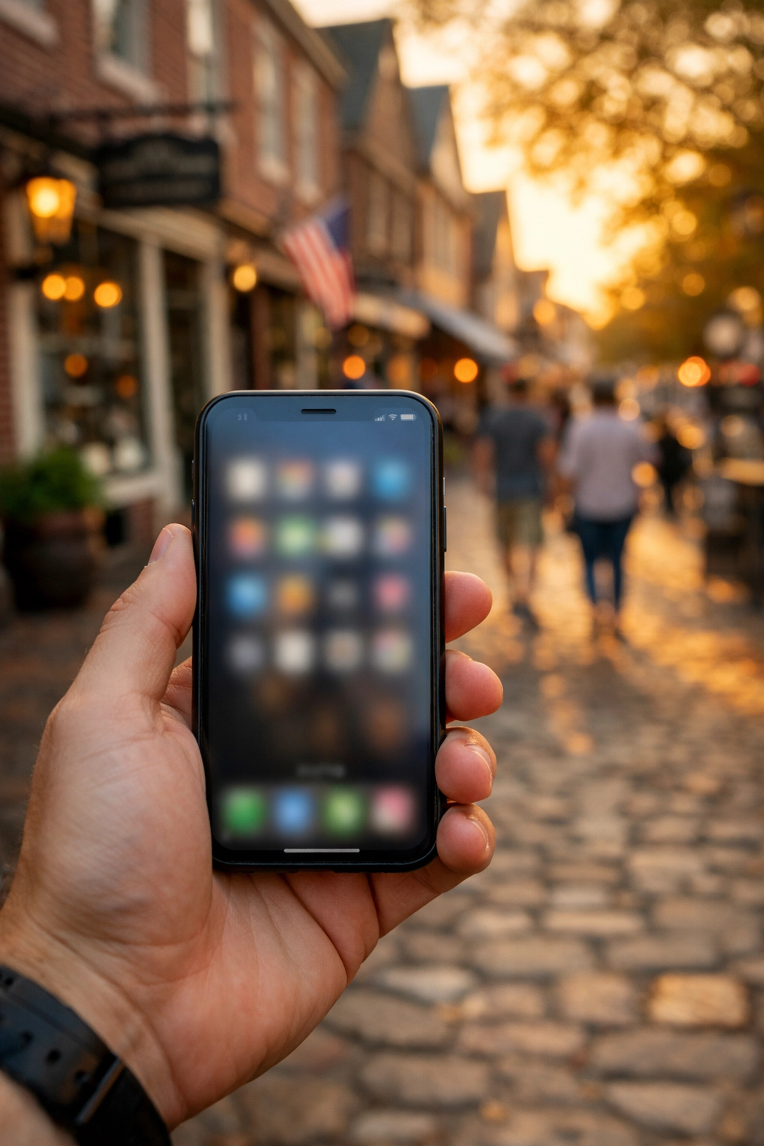 Using a photography booking app on a smartphone while exploring historic streets in Williamsburg, Virginia.