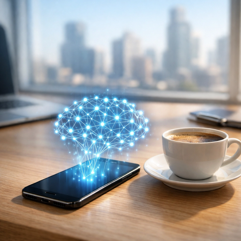 Smartphone with an AI-driven search icon, representing modern GEO optimization and digital discovery.