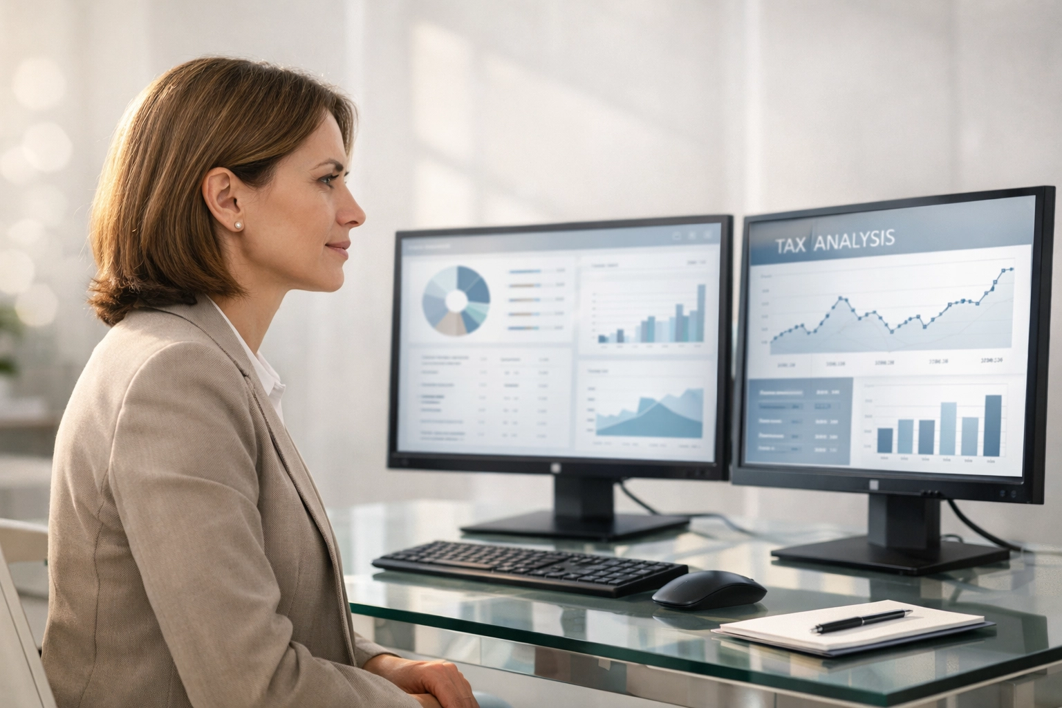 Professional tax consultant reviewing electronic filing data on dual monitors in a modern workspace.