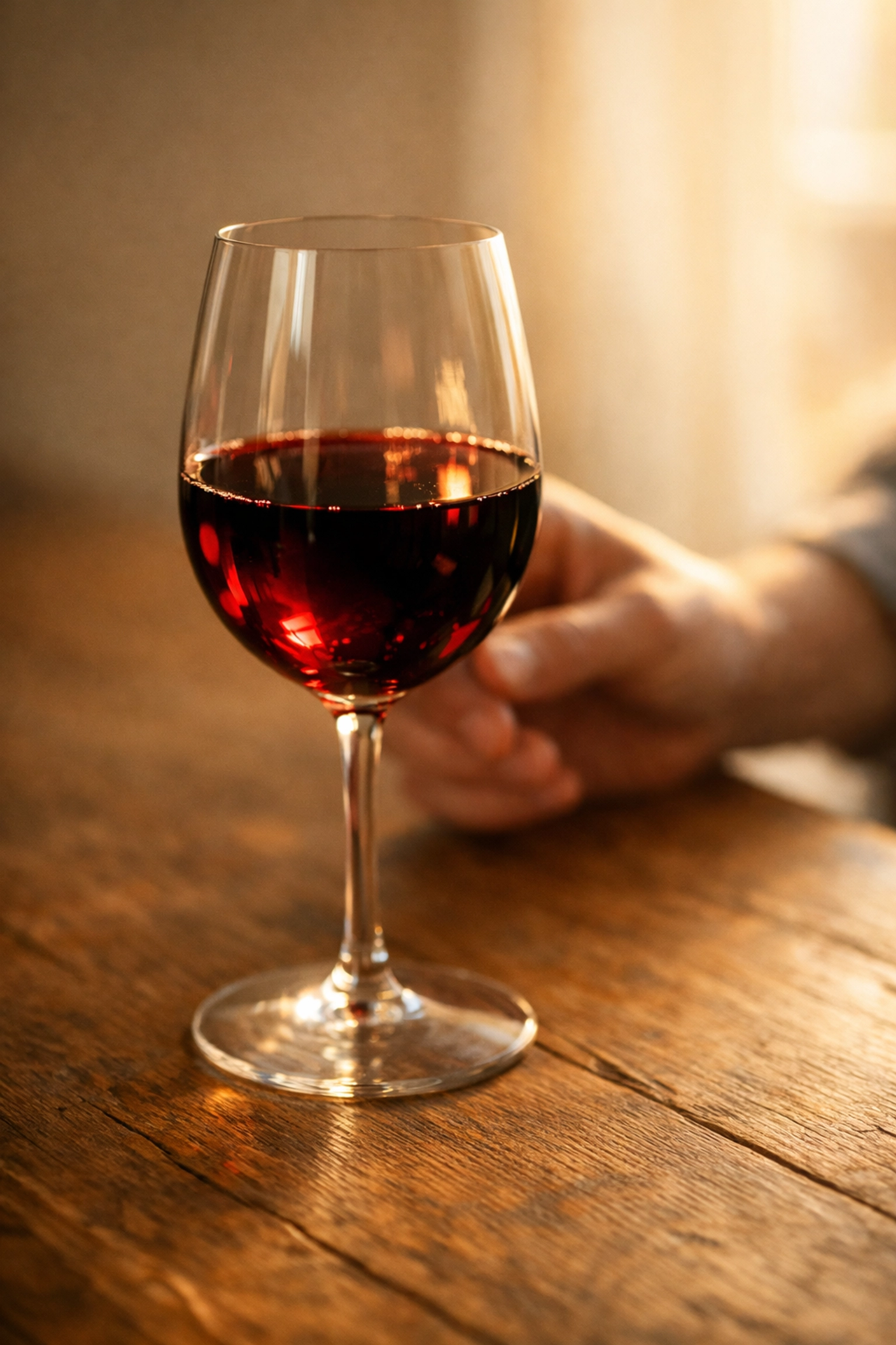 A person savoring a glass of ruby-red artisanal wine in warm sunlight.