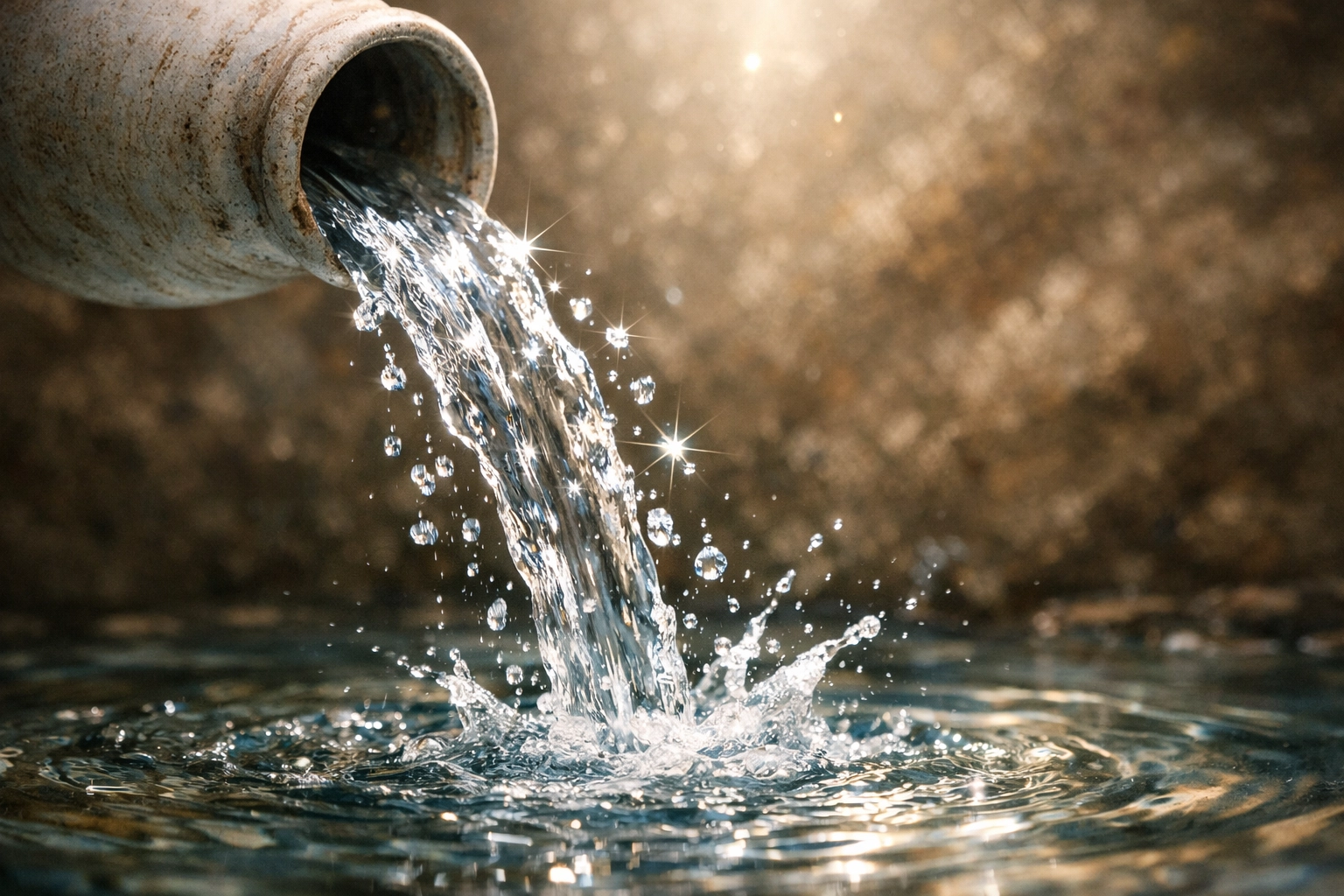 Water poured from a vessel into a clear pool with ethereal light, symbolizing baptism and spiritual purification.