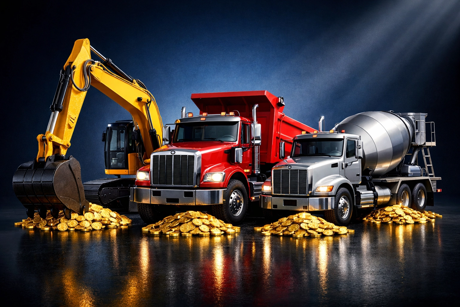 Construction equipment with coins showing Section 179 tax savings for contractors