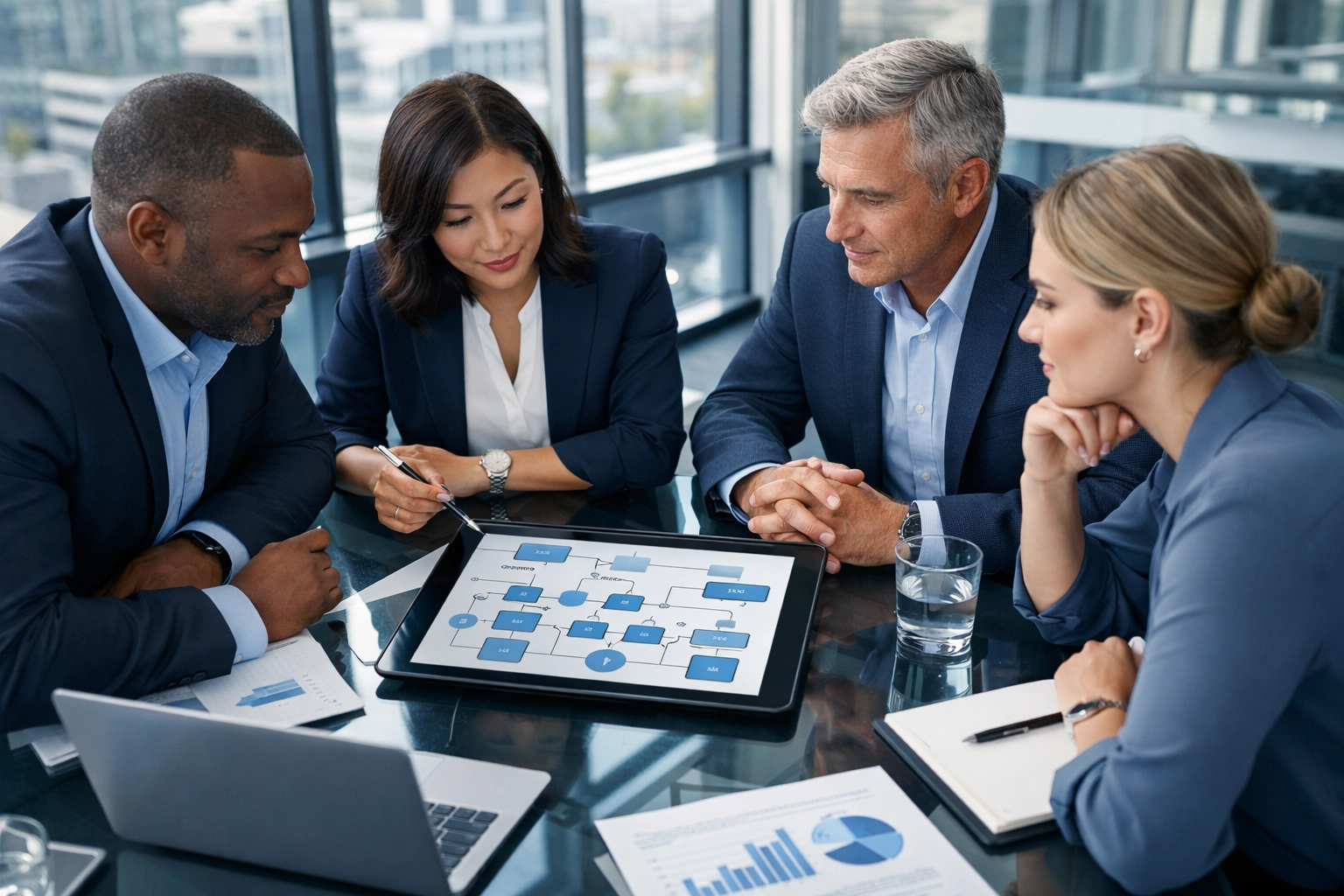 Business consulting team collaborating on workflow automation strategy and process mapping