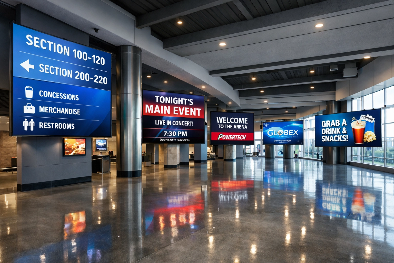 Modern digital signage network displaying content across multiple screens in contemporary venue concourse