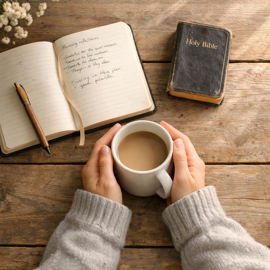 Hands holding coffee with Bible and journal for peaceful reflection and prayer