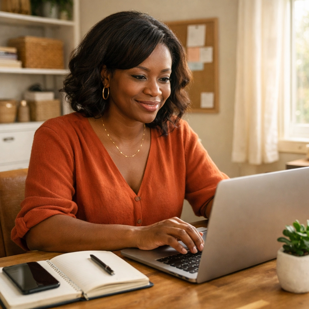 Black woman entrepreneur using GSC digital platform in home office