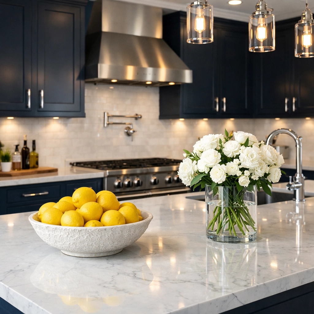 Pristine marble kitchen island in a home maintained by professional cleaners in Leominster MA.