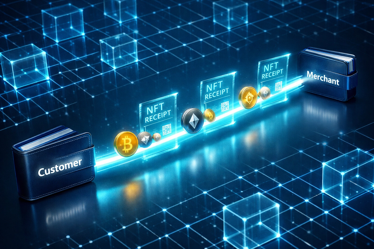 Direct crypto payments flowing between customer and merchant wallets without intermediaries on blockchain