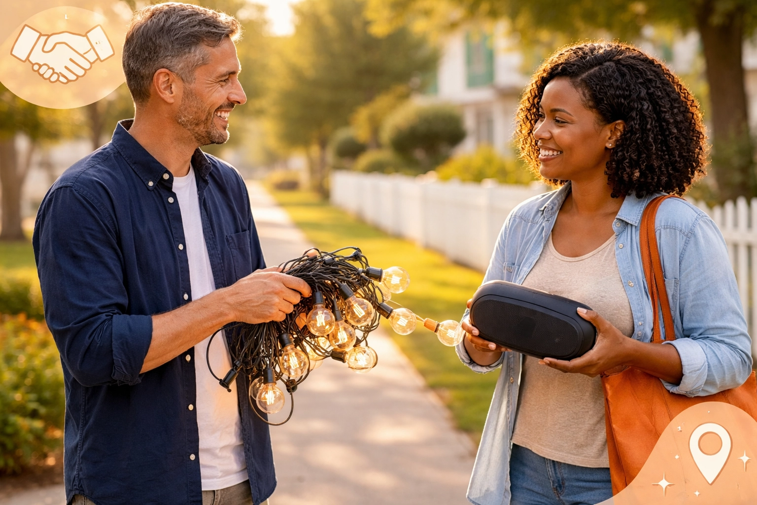 Two neighbors happily exchanging party equipment on a sunny sidewalk, showcasing community-driven peer-to-peer rentals for event hosting