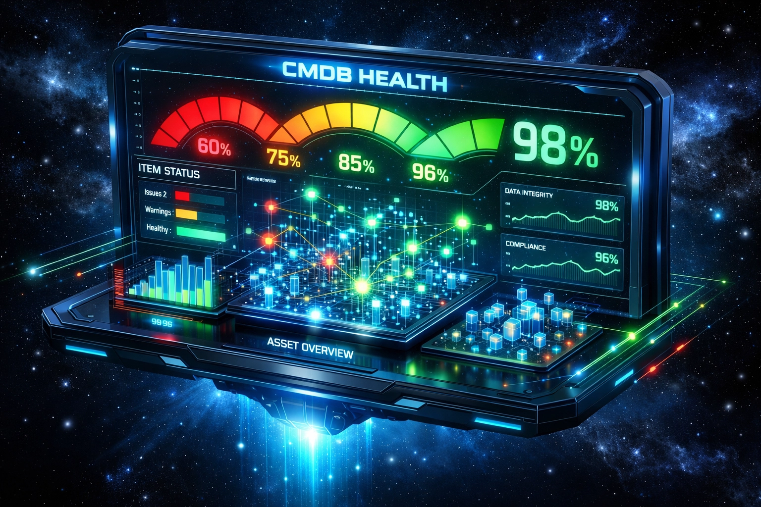 ServiceNow CMDB health dashboard showing data quality improvement from 60% to 98% accuracy