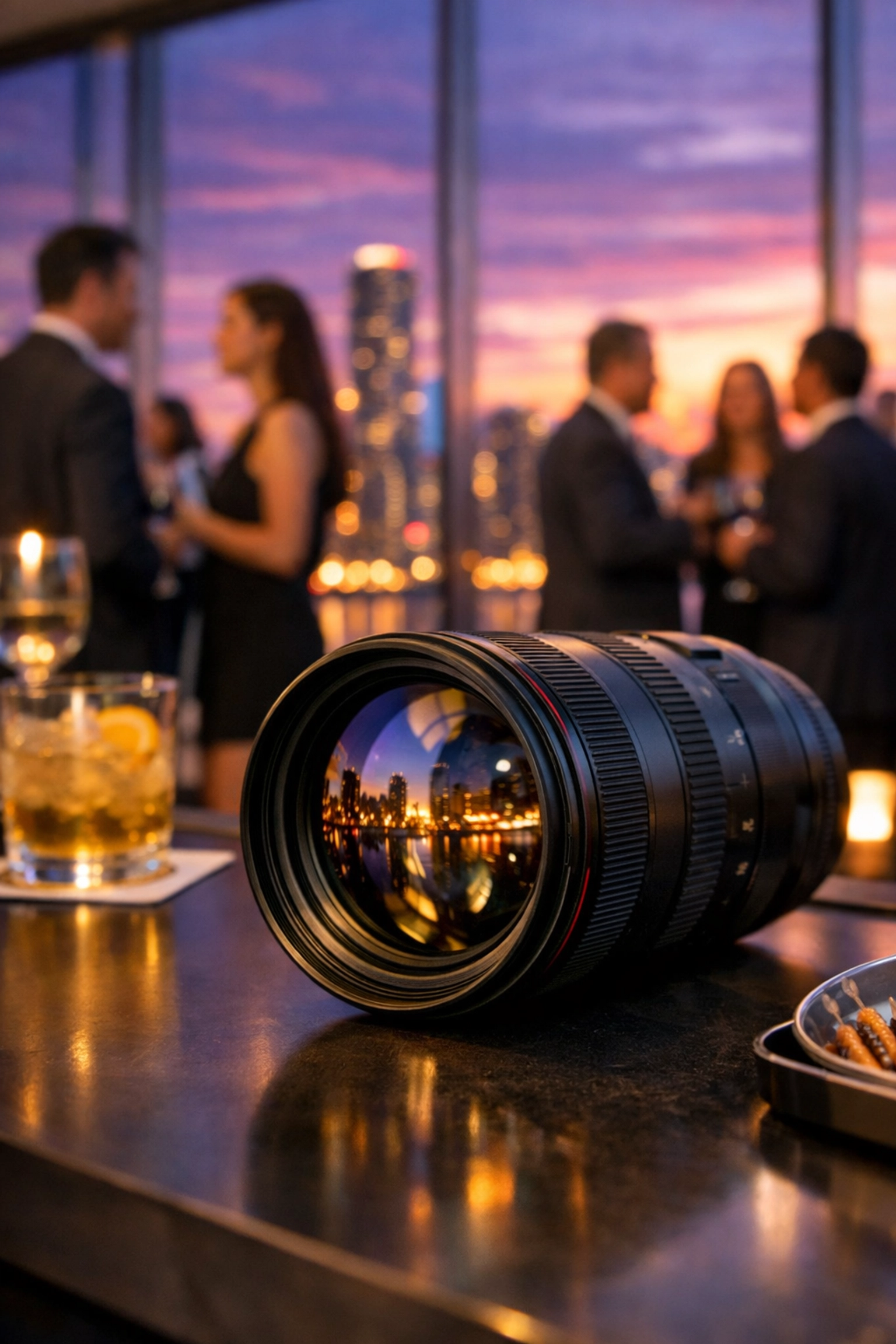 Professional Miami event photographer capturing a corporate cocktail reception at sunset in Brickell.