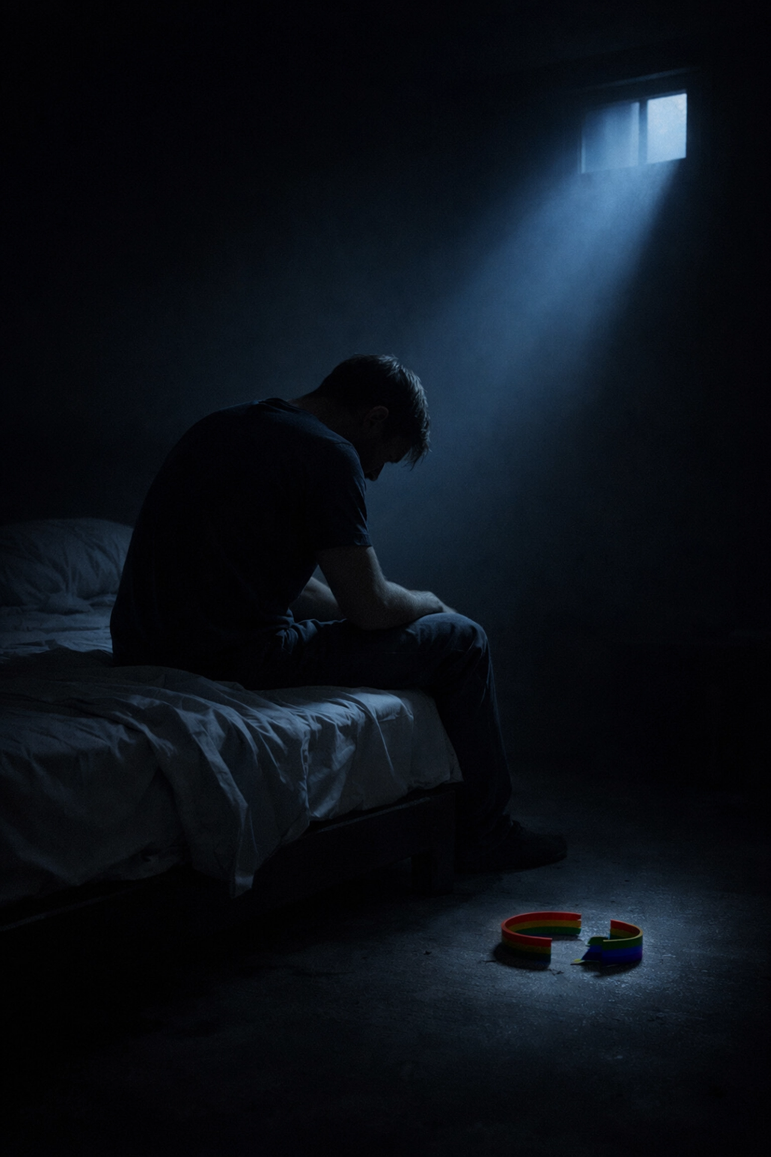 A lonely man sitting in shadows with a broken rainbow bracelet, showing the loss of love in realistic MM fiction.