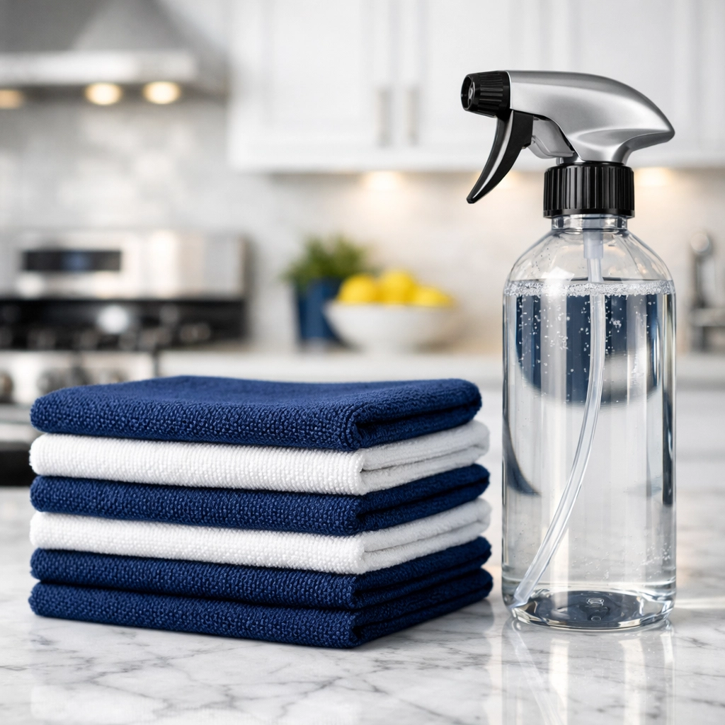 Professional cleaners MA equipment including microfiber cloths and supplies on a clean marble counter.