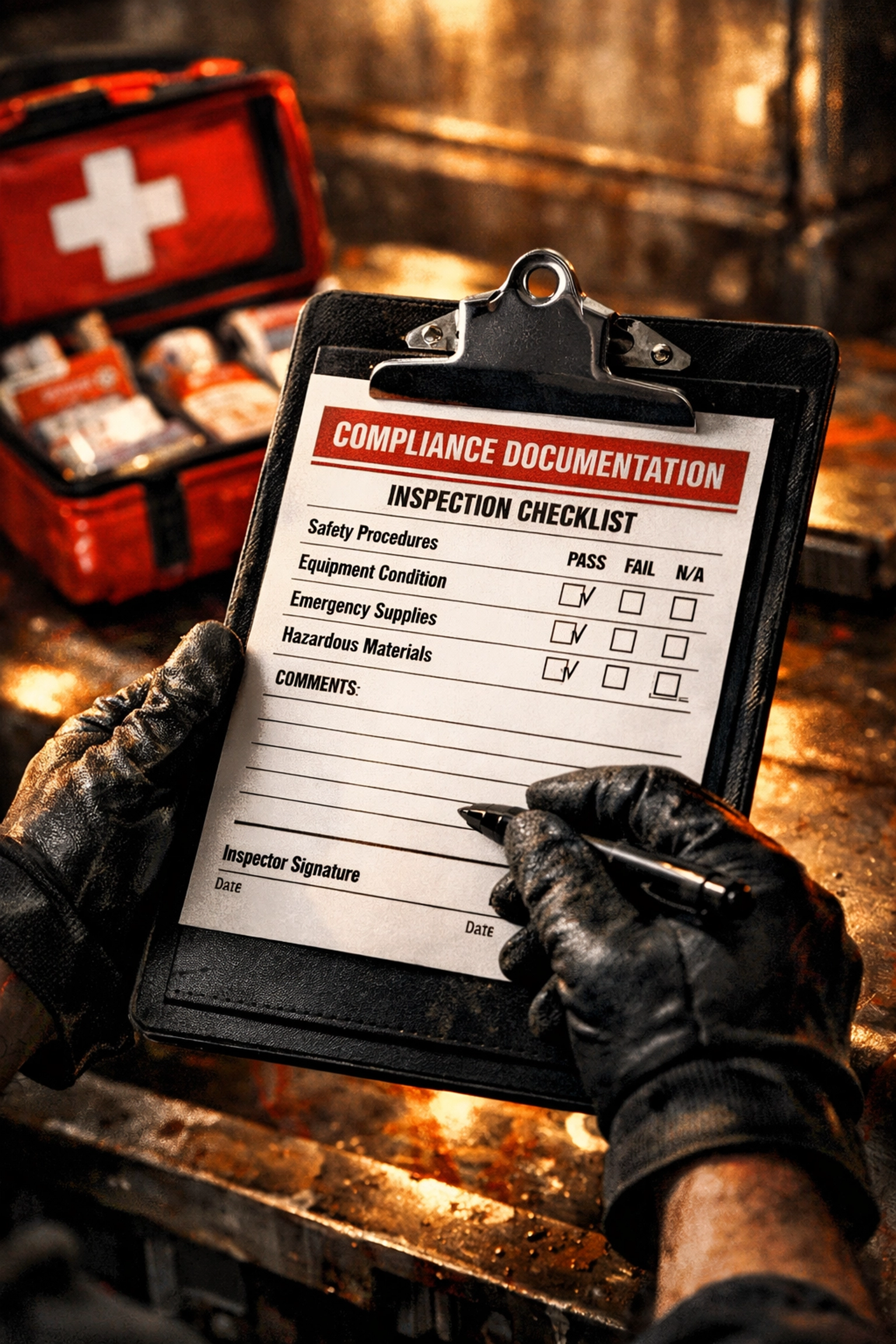 OSHA compliance checklist and first aid kit inspection documentation in Fort Wayne facility