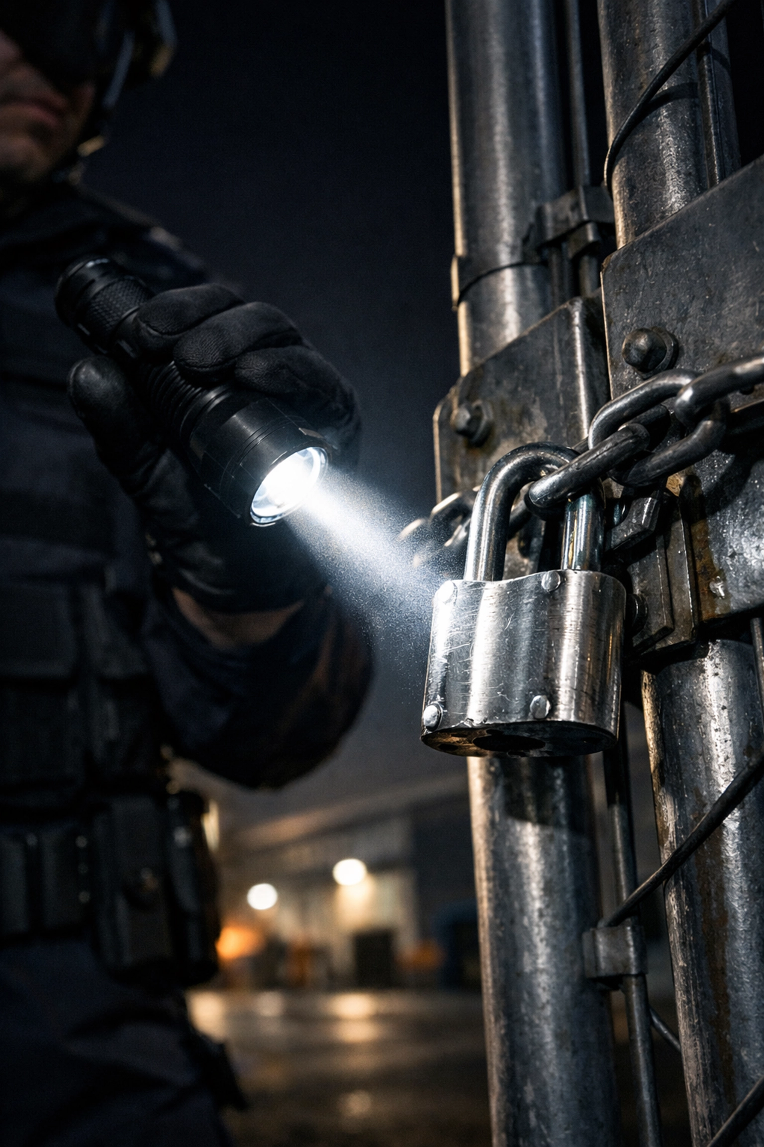 Security guard performing a nighttime perimeter lock inspection at an industrial warehouse site.