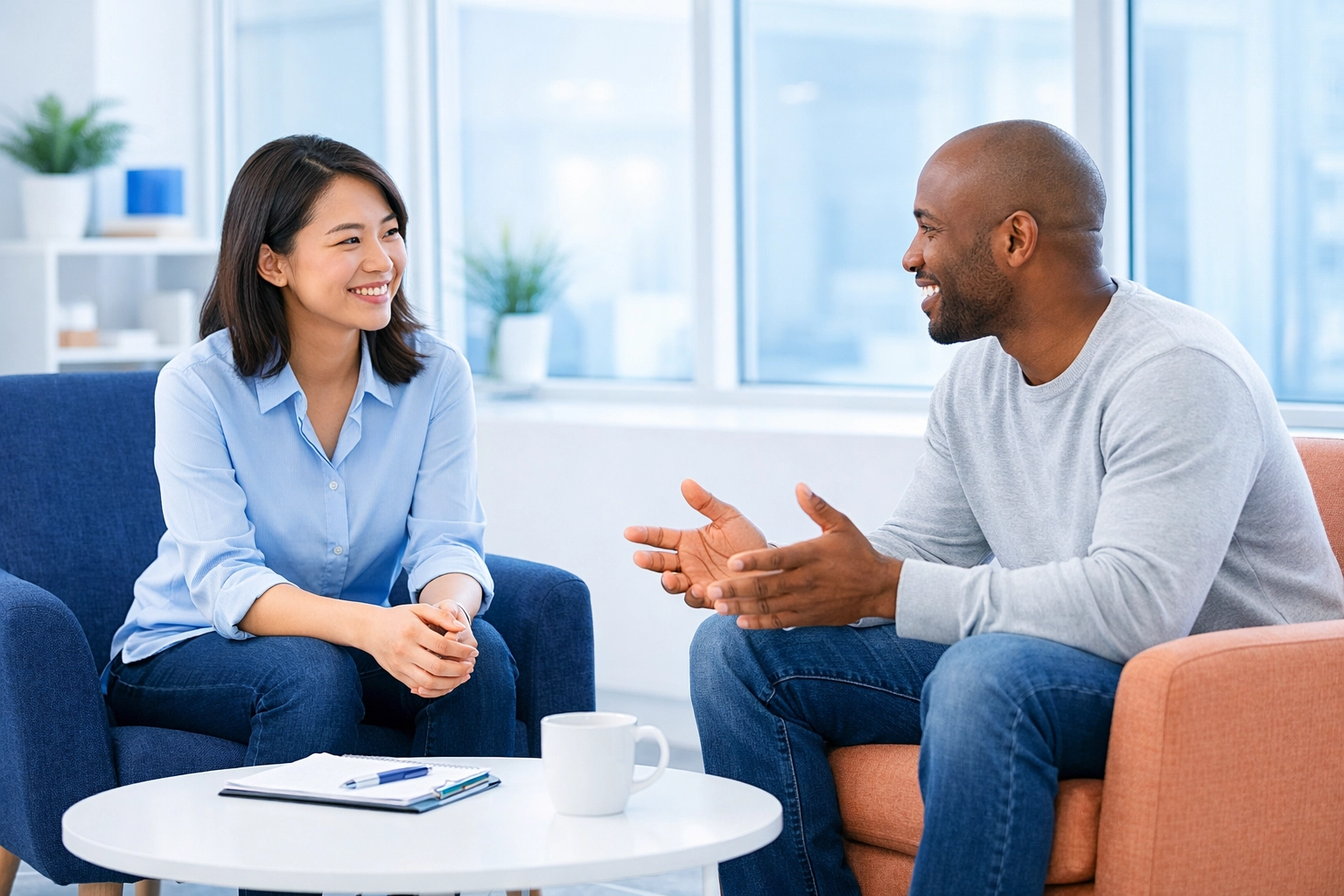 Two people having a relaxed, genuine conversation in a modern office using non-pushy sales techniques.
