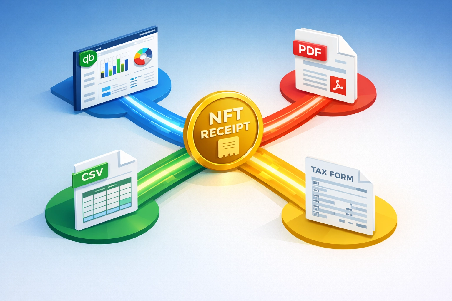 NFT receipt workflow exporting to QuickBooks, PDF, CSV, and tax forms automatically