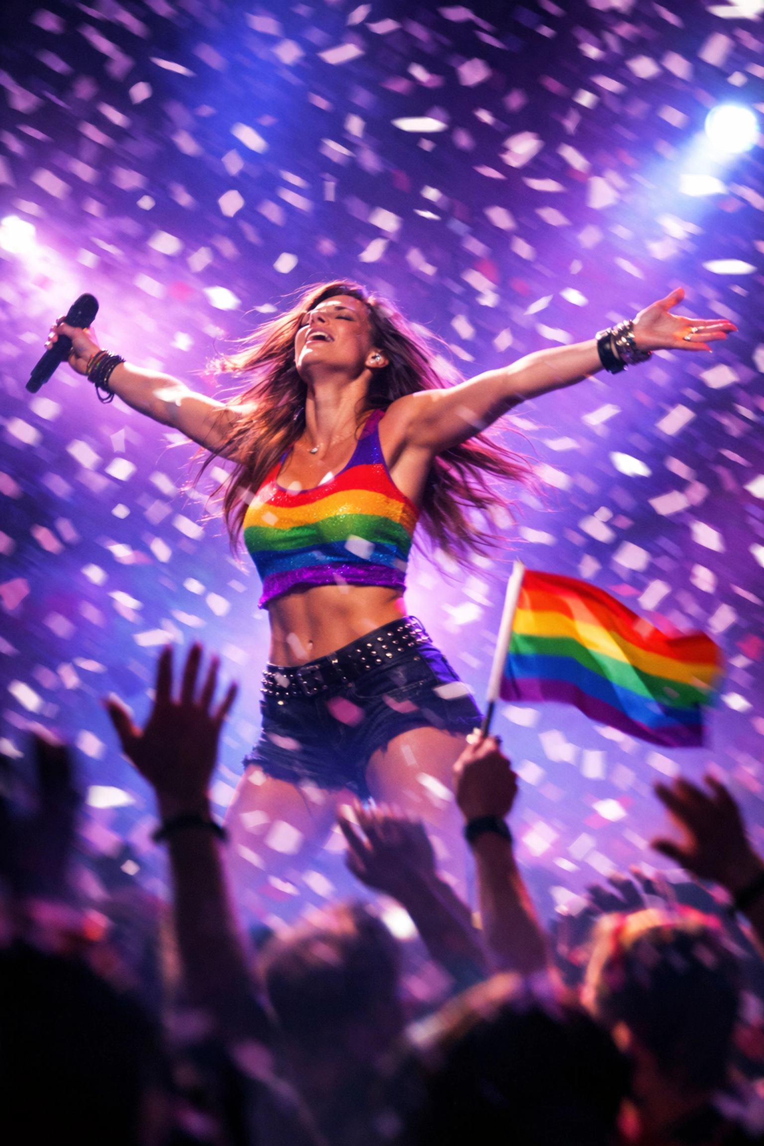 Female performer connecting with LGBTQ+ audience at live concert with confetti and stage lights