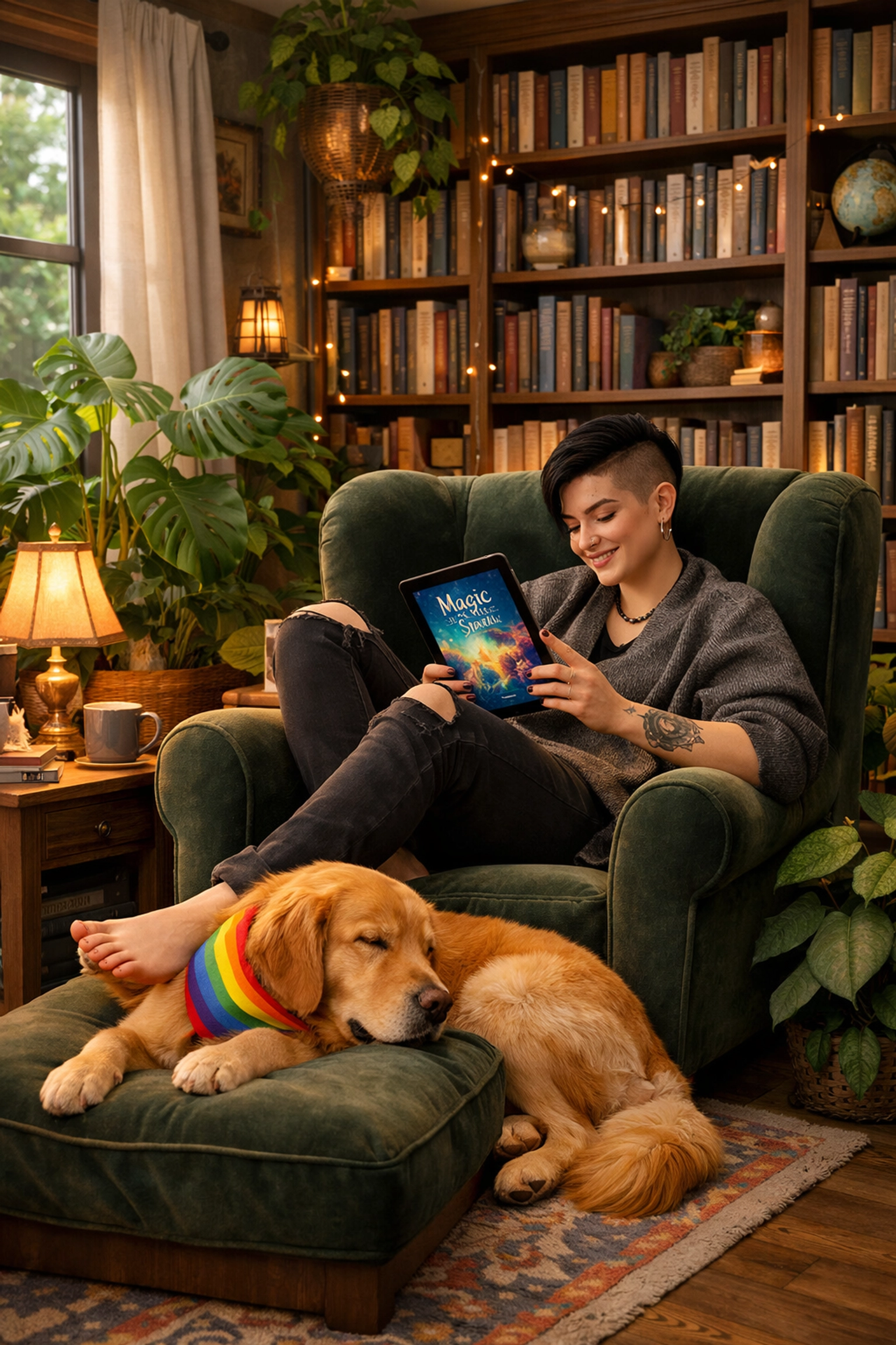 A queer person reading in a cozy library with their service dog, celebrating intersectional LGBTQ+ stories and authors.