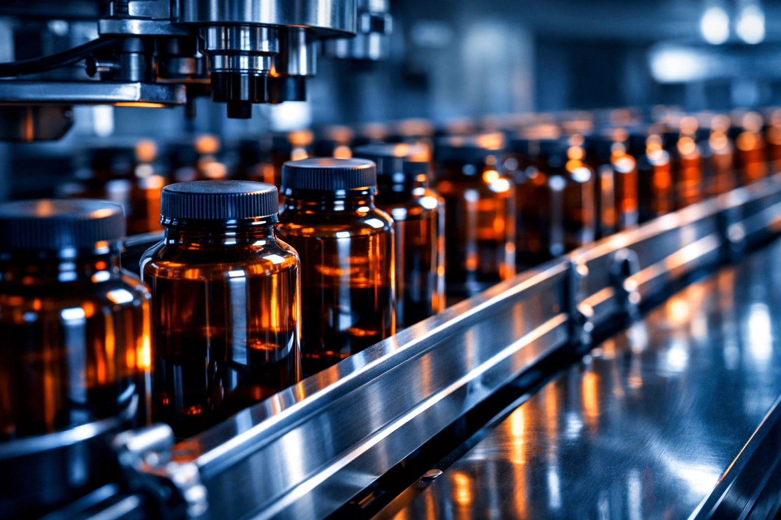 Automated supplement bottling line at Vitakem showcasing rapid stock formulation production speed.