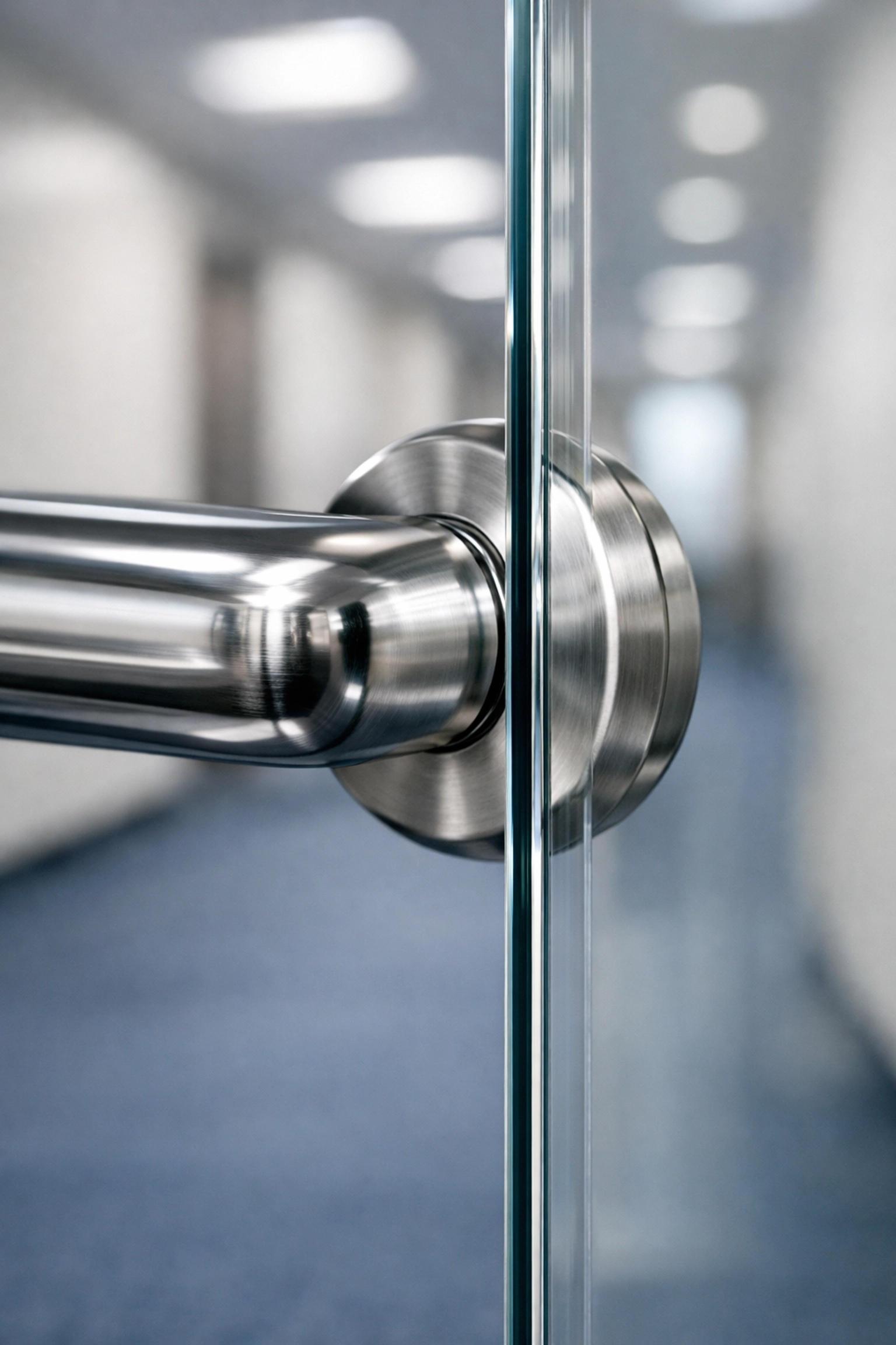 Fingerprint-free glass partition and polished door handle showing detail-oriented office cleaning.