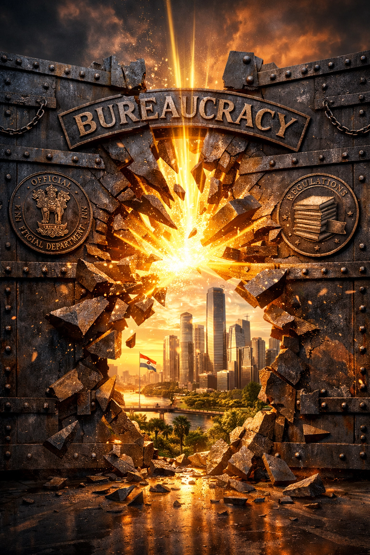 Modern Indian cityscape seen through a broken gate of bureaucracy, symbolizing the growing economy of India