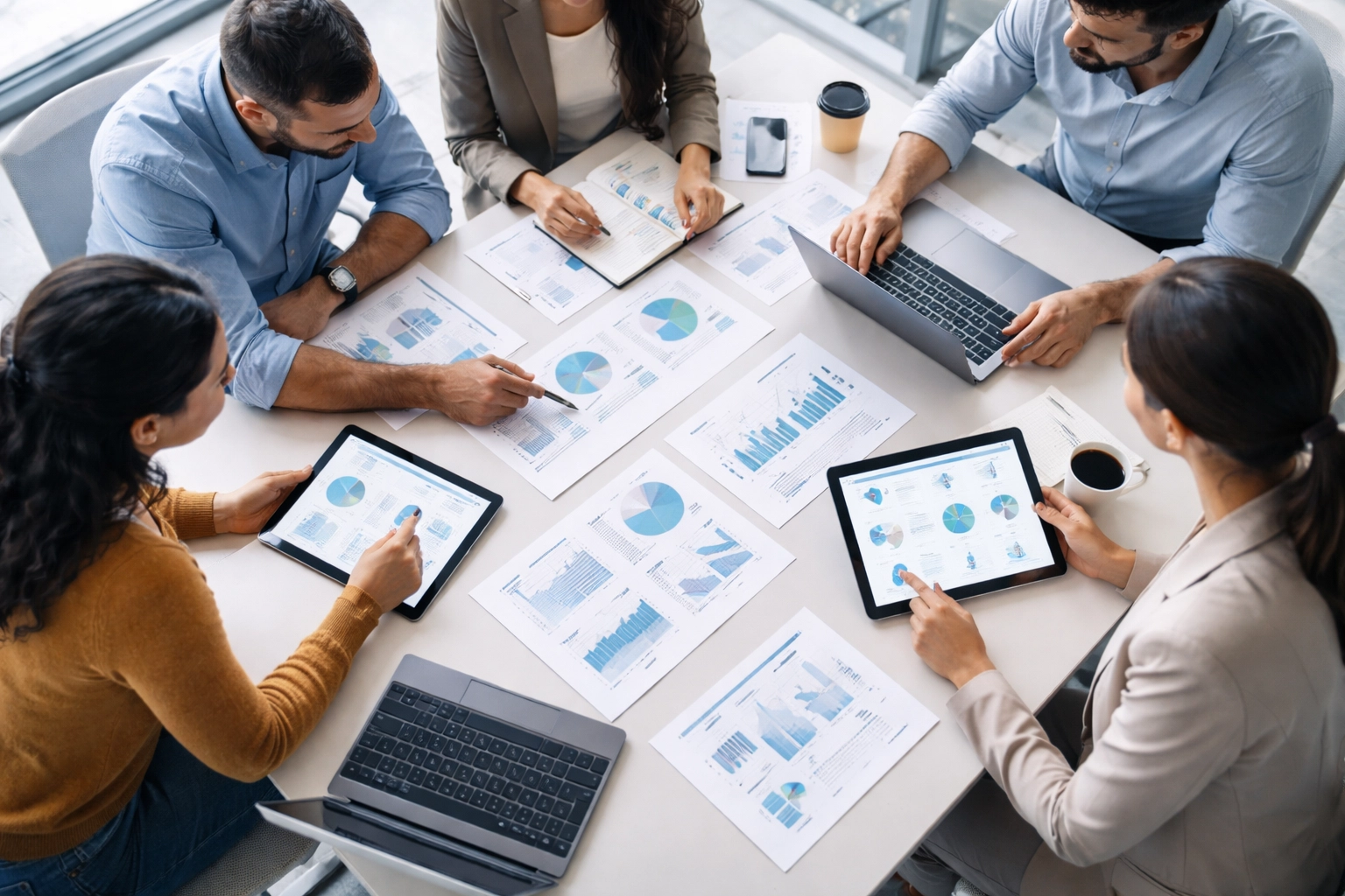 Team collaborating with analytics reports and dashboards to improve personalized marketing through data-driven insights