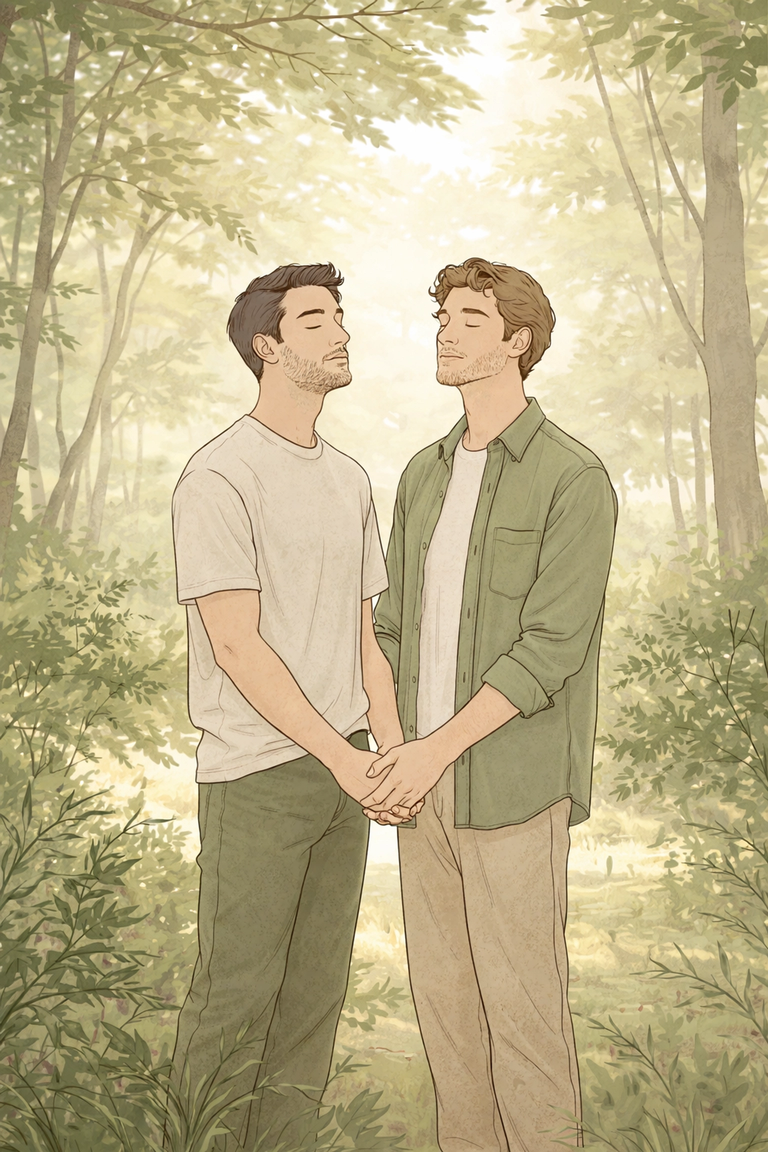 Two men holding hands in a peaceful forest clearing, symbolizing naturist authenticity and connection with nature.