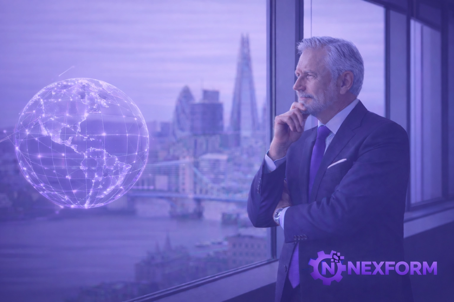 Senior lawyer overlooking London skyline, representing global AI compliance and data regulations.