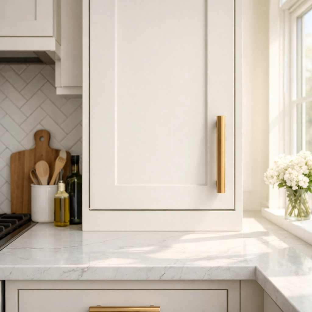 Modern white kitchen cabinet refacing with Shaker doors and brass hardware to boost home resale value in Saskatoon.
