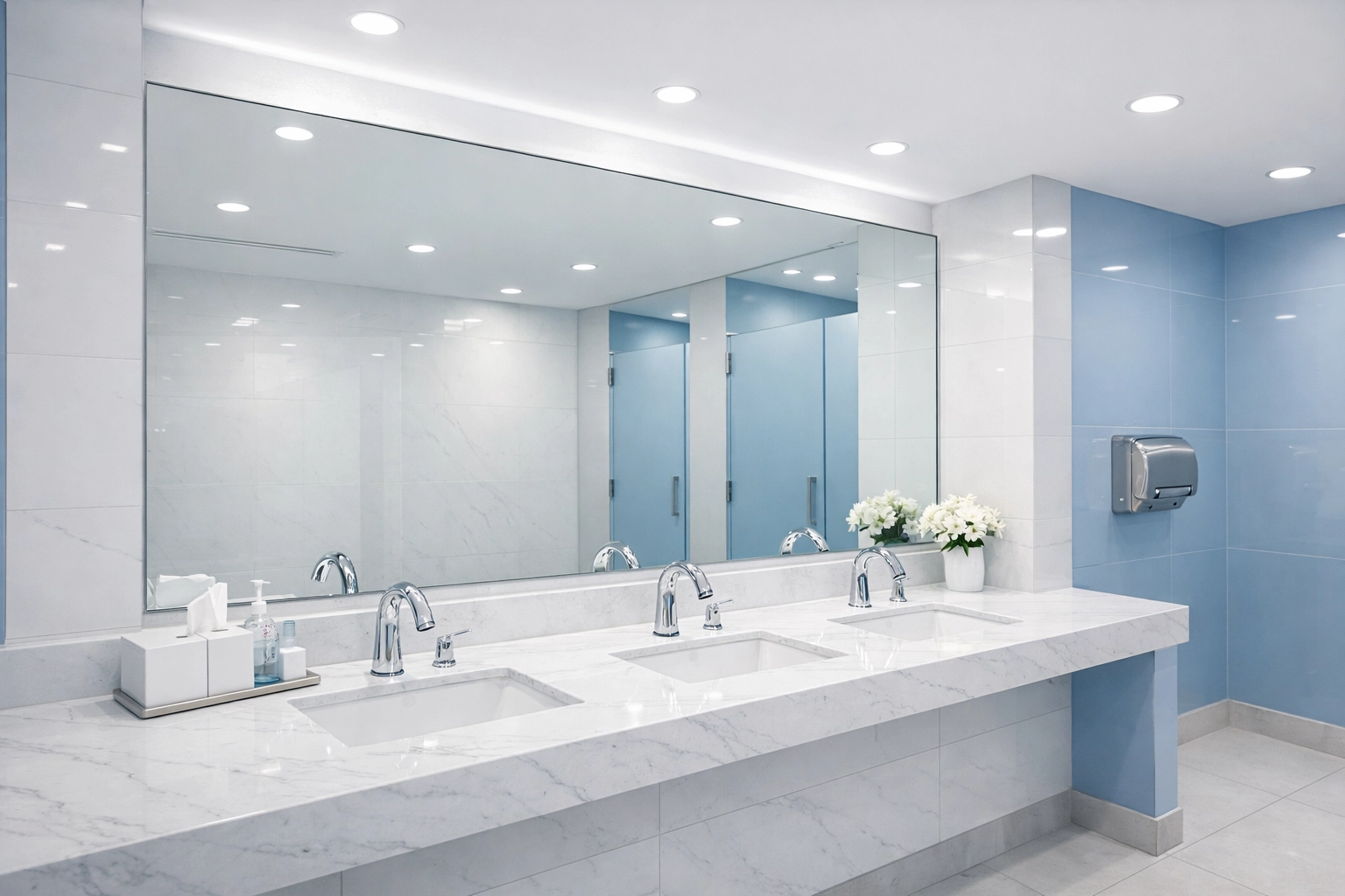 Sanitized commercial restroom in Stoneham with professional marble and fixture cleaning.