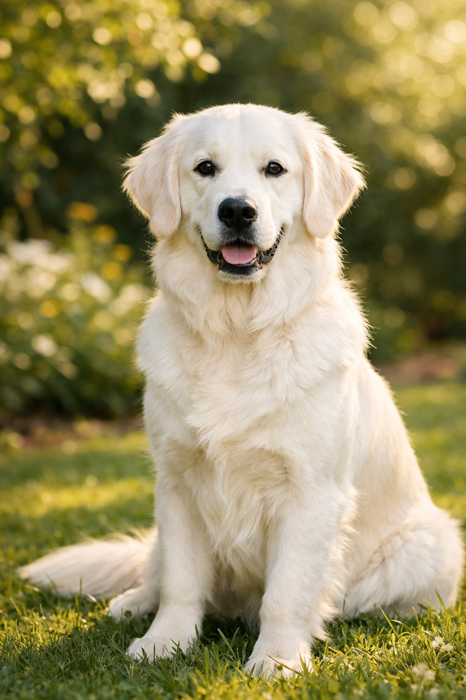 English Cream Golden Retriever with a healthy, vibrant coat sitting in a sun-dappled Oregon garden.