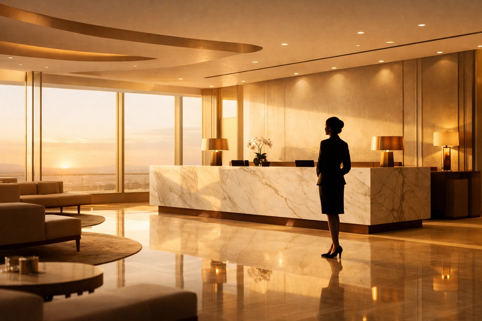 Professional hotel staff in a luxury lobby representing hospitality career growth and leadership.
