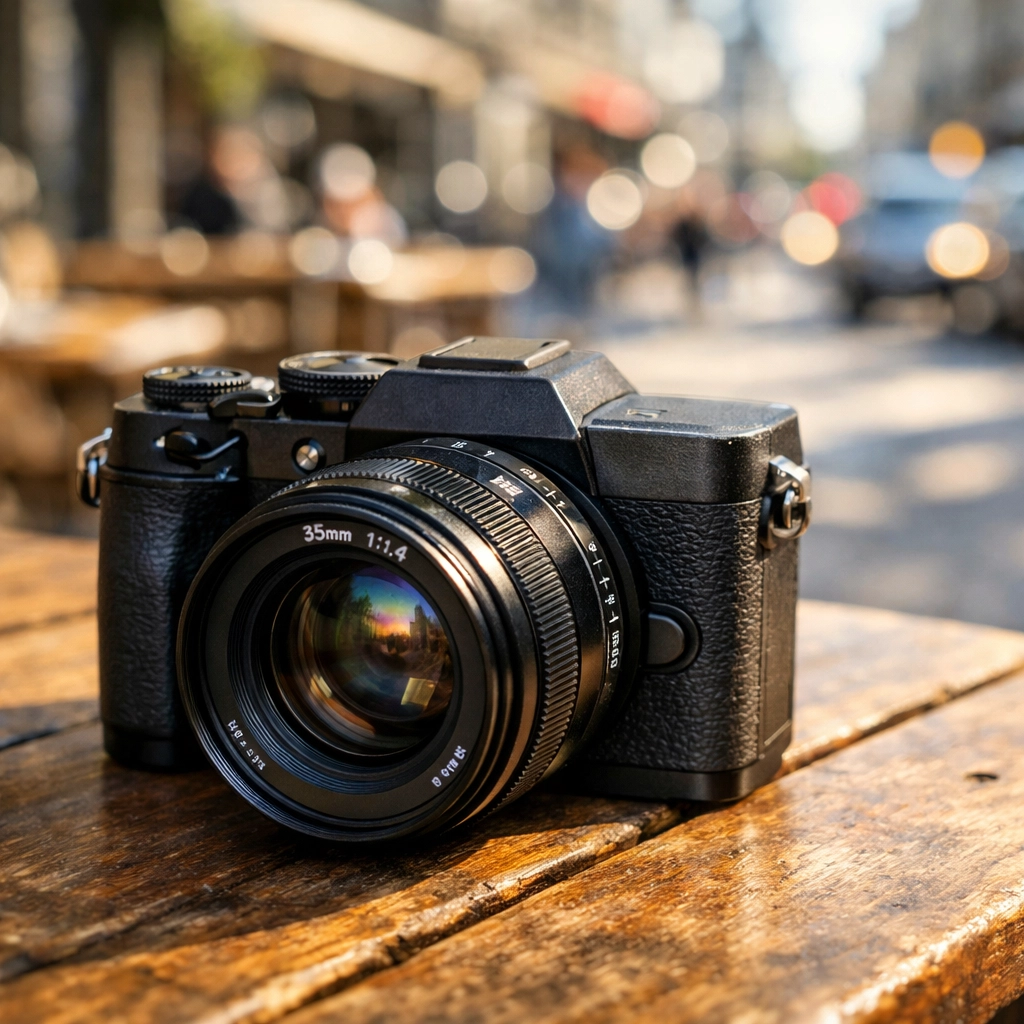 An ultra-realistic, close-up photograph of a professional compact mirrorless camera with a 35mm prime lens resting on a rustic wooden table in a sun-drenched outdoor cafe. In the background, the soft, creamy bokeh of a busy city street illustrates the ideal gear for street photography. The morning light catches the metallic texture of the camera body and the intricate glass elements of the lens, emphasizing a minimalist and portable aesthetic.