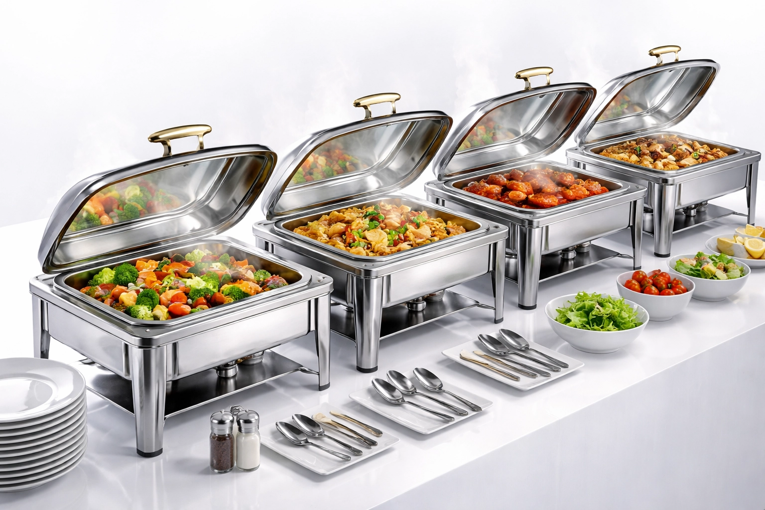 Professional buffet setup featuring stainless steel chafing dishes keeping catered food warm and appetizing at a large event