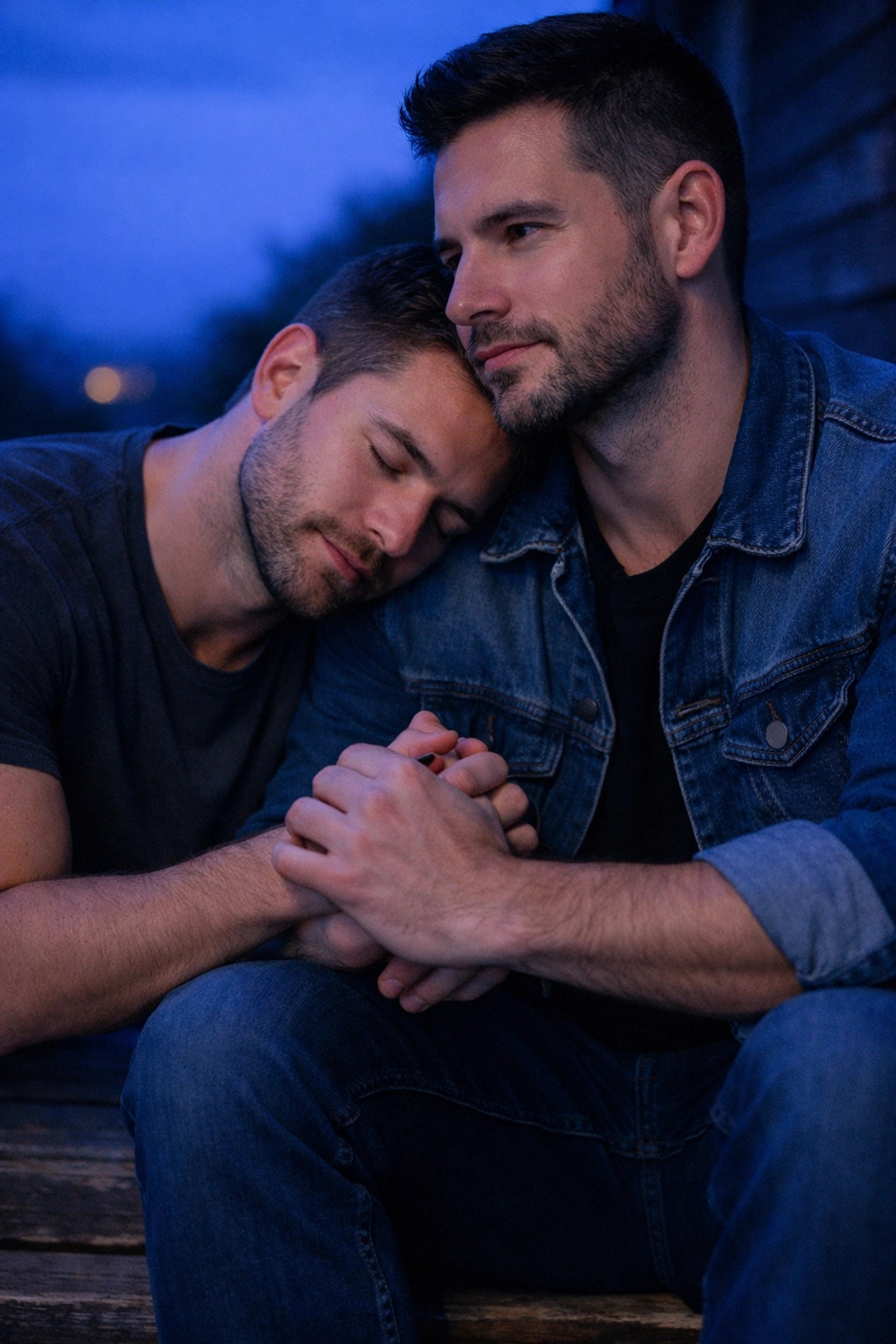 Two men find comfort and emotional healing together, a common theme in modern LGBTQ+ fiction.