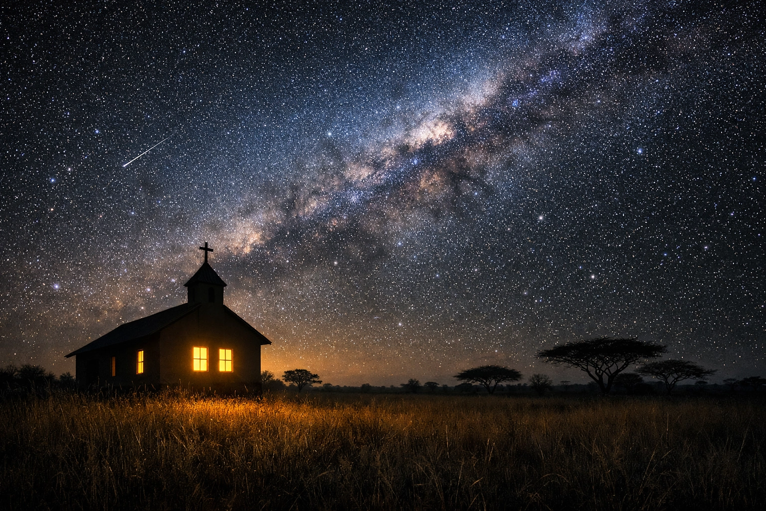 Silhouette of a small Nigerian church under a starry sky, representing a beacon of faith in the savanna.