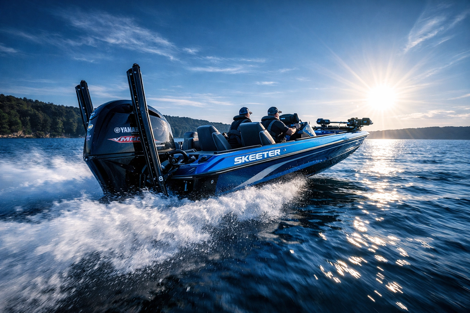 Fully rigged Skeeter bass boat with Yamaha outboard and Power-Poles ready for Oklahoma tournament fishing.