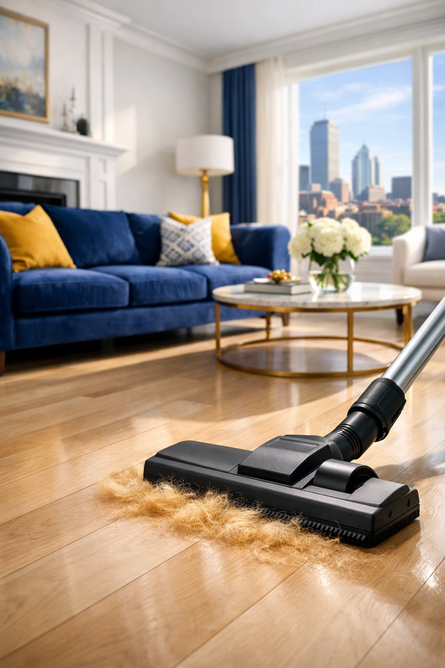 Professional deep cleaning service removing pet hair from a sunlit Boston living room floor.