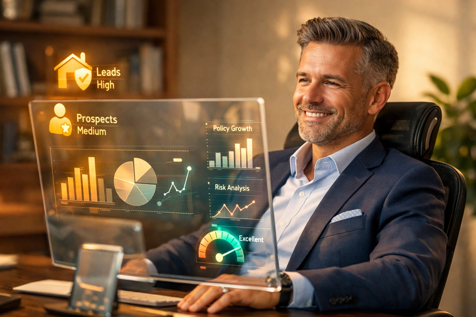 Modern insurance agent using AI sales automation tools for lead scoring in a professional home office.