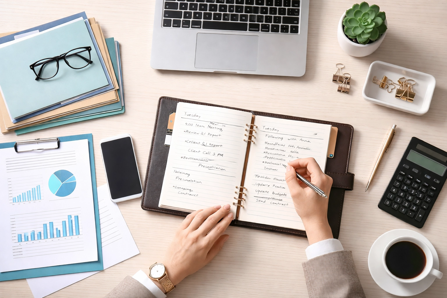 Overhead desk shot with business records and planner, showing proper documentation for IRS business tax compliance