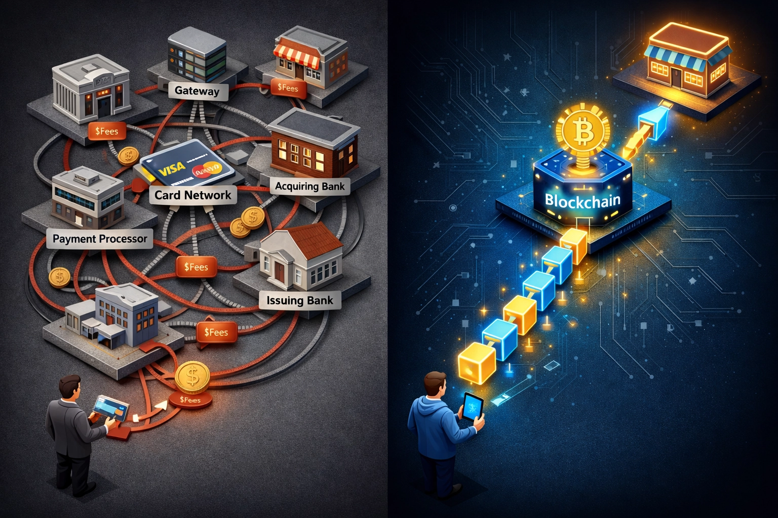 Traditional payment systems with multiple fee layers compared to direct blockchain Web3 payment pathway