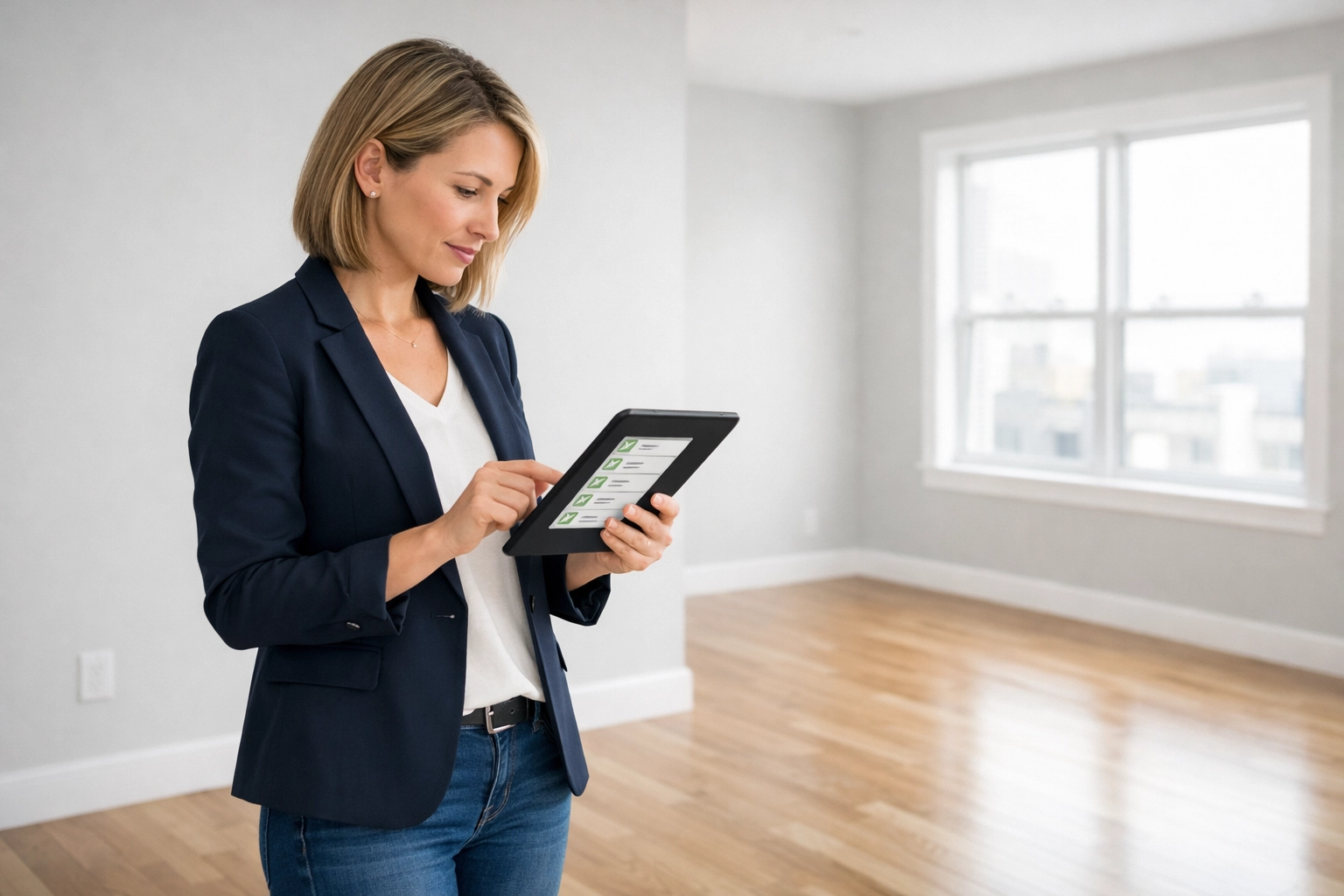Property manager reviewing apartment turnover checklist on tablet in empty unit