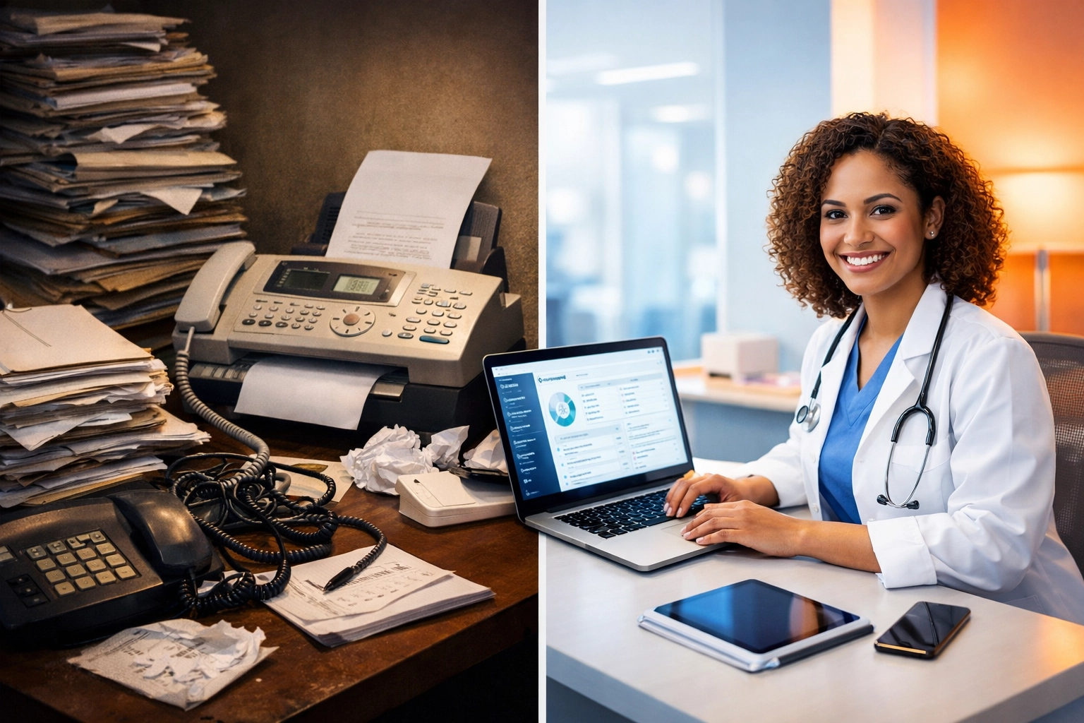 Contrast between outdated paper credentialing and modern technology-driven healthcare staffing solution