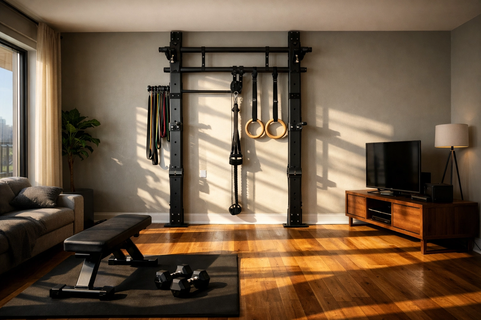 Floor to ceiling home gym setup with resistance bands and gymnastic rings