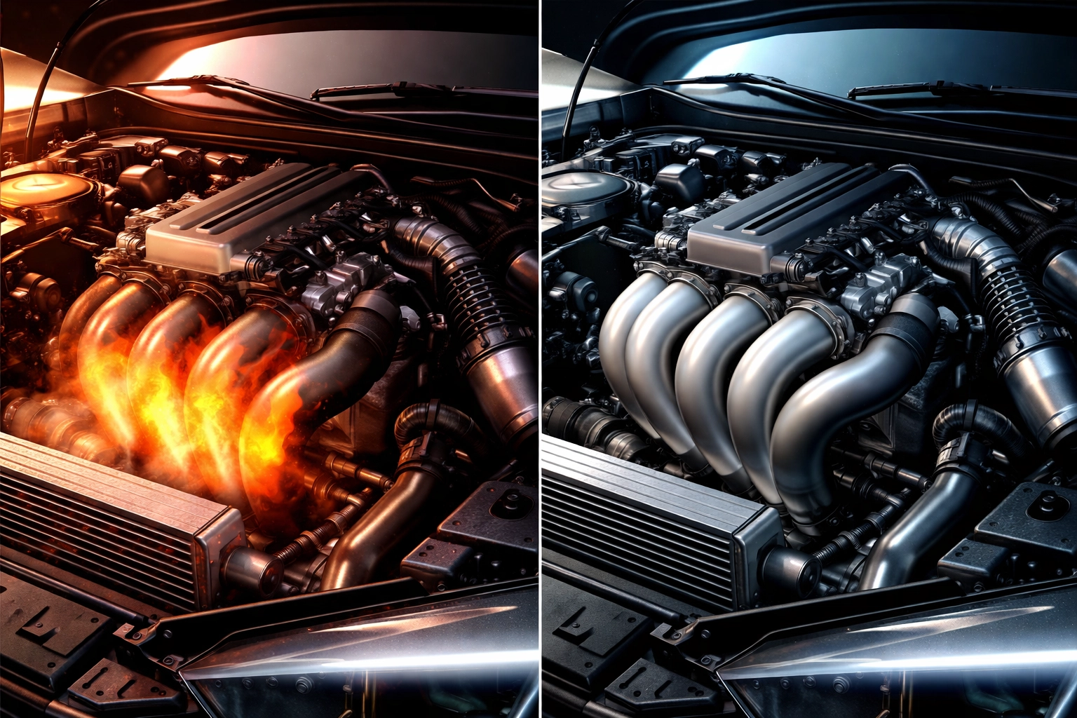 Side-by-side view of engine bays comparing uncoated and ceramic-coated exhaust systems, illustrating heat reduction benefits