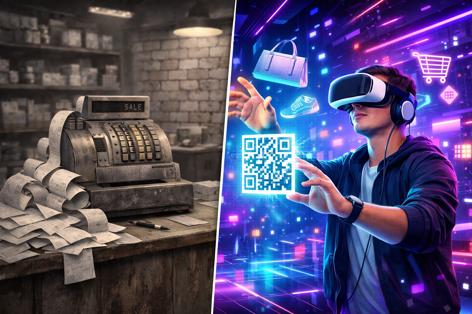 Comparison of traditional cash register store vs VR/AR metaverse shopping with QR code payments