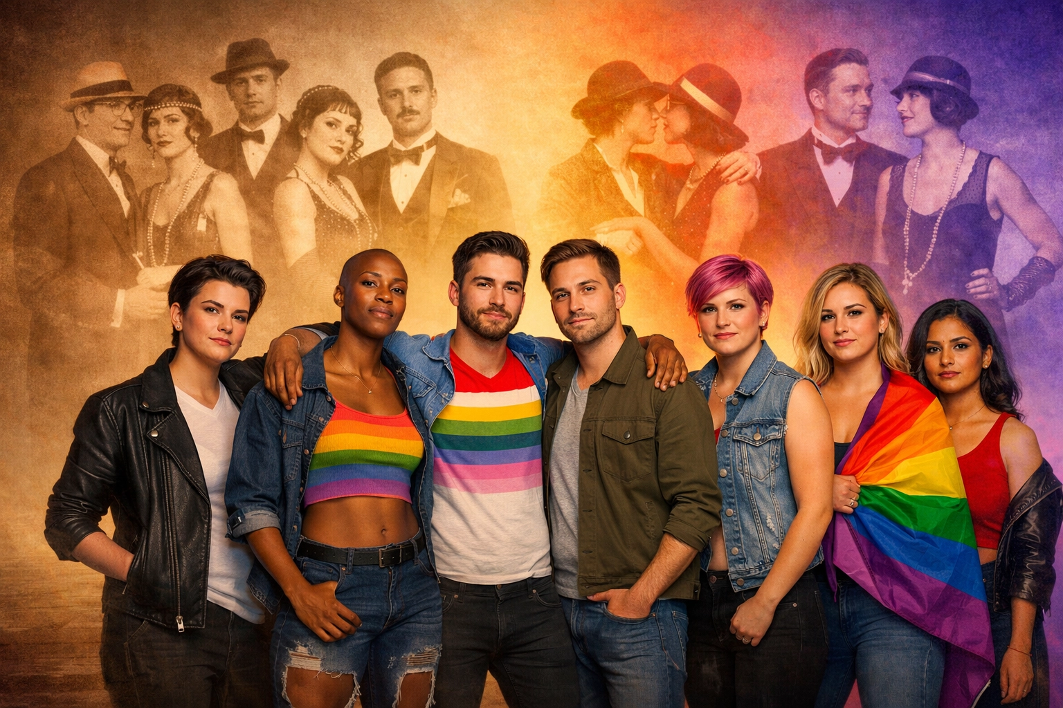 LGBTQ community across time from 1920s speakeasy era to modern day showing queer history